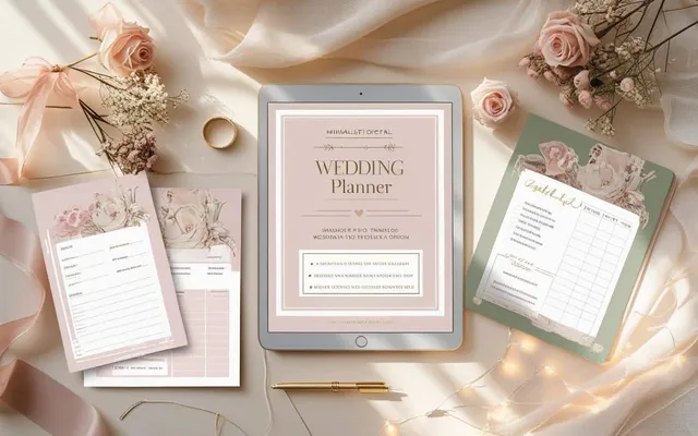 15-Page Beautifully Simple Digital Wedding Planner shown as a flat-lay mockup on a tablet and printed page