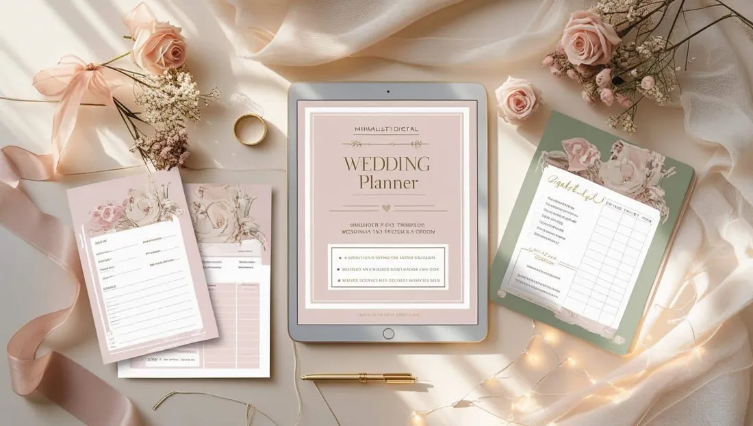 15-Page Beautifully Simple Digital Wedding Planner shown as a flat-lay mockup on a tablet and printed page