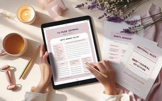 15-Page Digital Journal for Gentle Clarity & Emotional Reset shown as a flat-lay mockup on a tablet and printed page