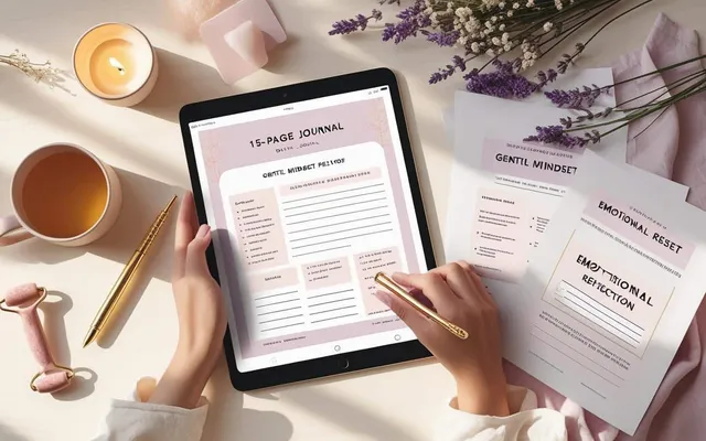 15-Page Digital Journal for Gentle Clarity & Emotional Reset shown as a flat-lay mockup on a tablet and printed page