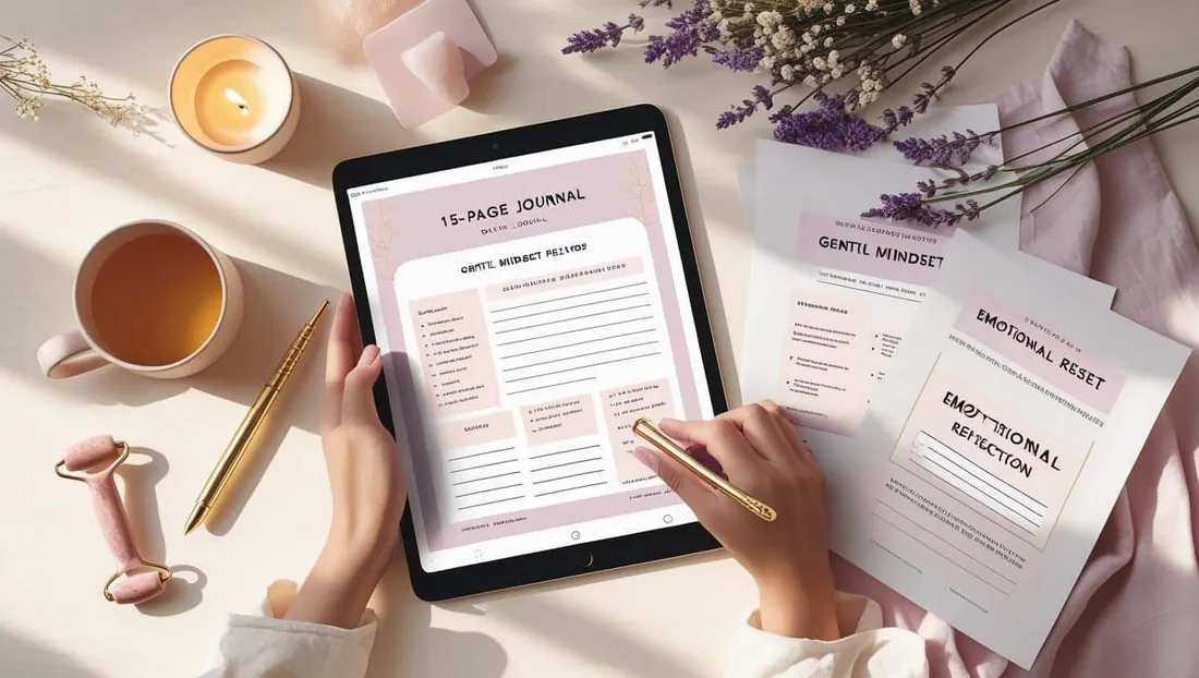 15-Page Digital Journal for Gentle Clarity & Emotional Reset shown as a flat-lay mockup on a tablet and printed page