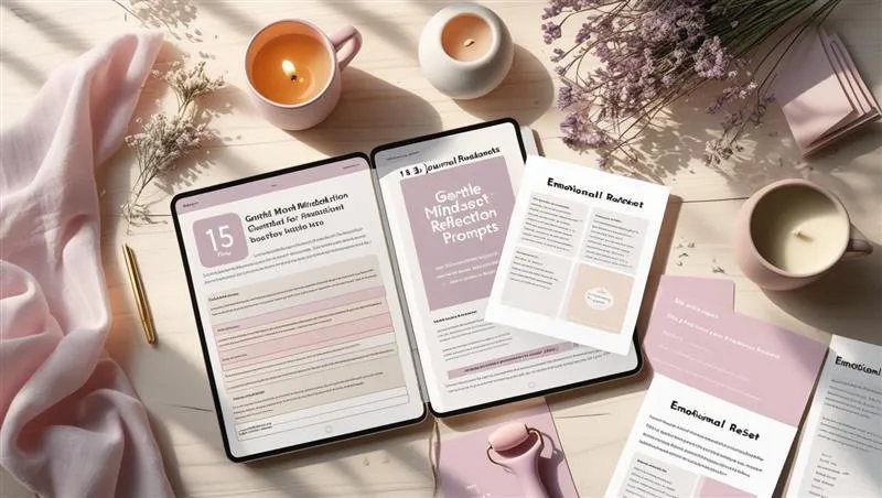 50-Page Digital Journal for Gentle Clarity & Emotional Reset shown as a flat-lay mockup on a tablet and printed page
