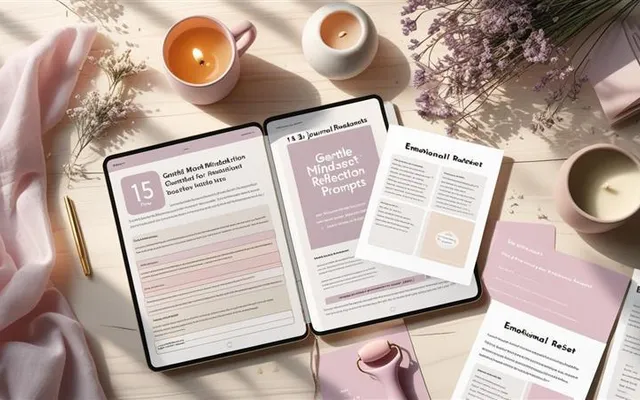 50-Page Digital Journal for Gentle Clarity & Emotional Reset shown as a flat-lay mockup on a tablet and printed page