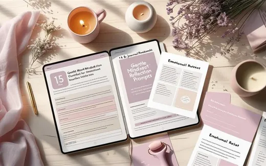 50-Page Digital Journal for Gentle Clarity & Emotional Reset shown as a flat-lay mockup on a tablet and printed page