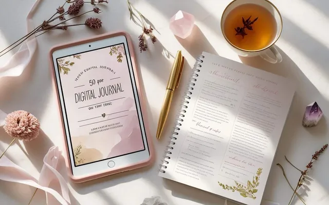 50-Page Digital Journal shown as a flat-lay mockup on a tablet and printed page