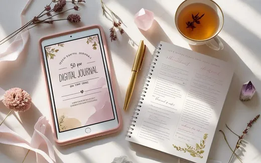 50-Page Digital Journal shown as a flat-lay mockup on a tablet and printed page