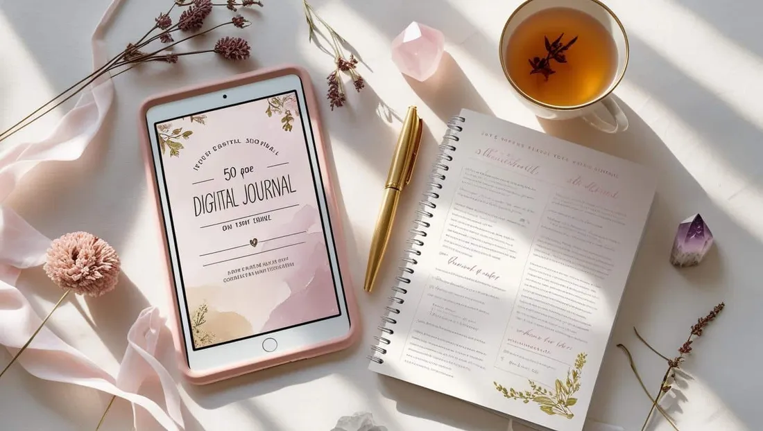 50-Page Digital Journal shown as a flat-lay mockup on a tablet and printed page