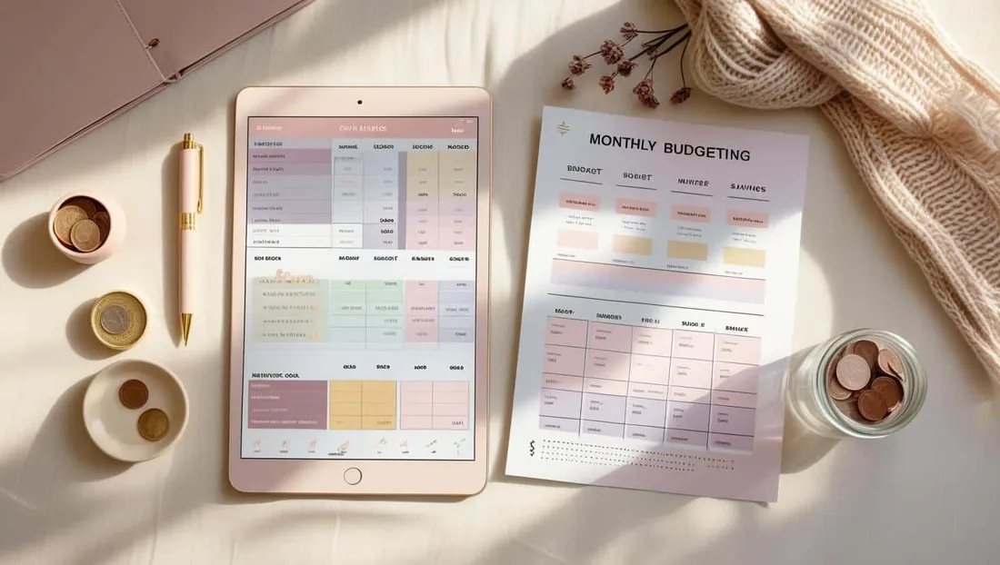 Budget Planner shown as a flat-lay mockup on a tablet and printed page