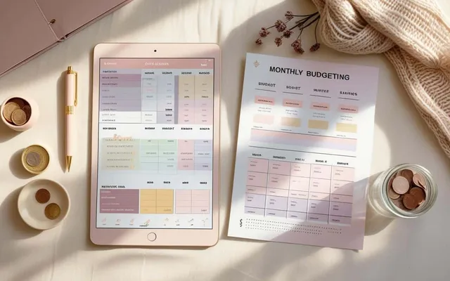 Budget Planner shown as a flat-lay mockup on a tablet and printed page