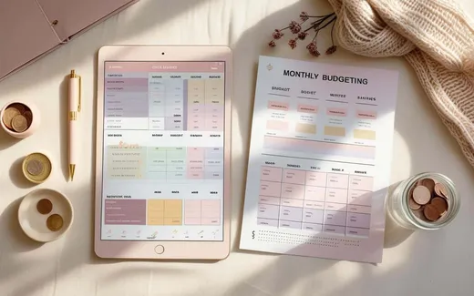 Budget Planner shown as a flat-lay mockup on a tablet and printed page