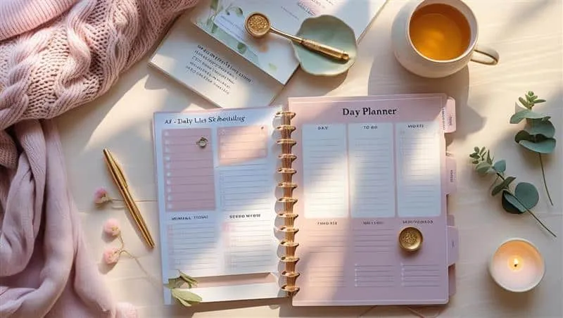 Day Planner shown as a flat-lay mockup on a tablet and printed page