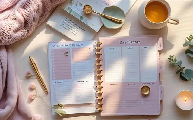 Day Planner shown as a flat-lay mockup on a tablet and printed page