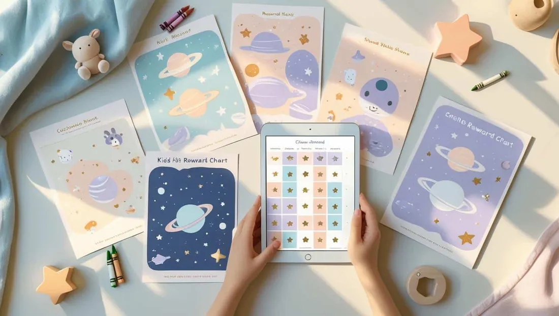 Kids Reward Chart (Digital Set) shown as a flat-lay mockup on a tablet and printed page