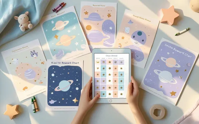 Kids Reward Chart (Digital Set) shown as a flat-lay mockup on a tablet and printed page