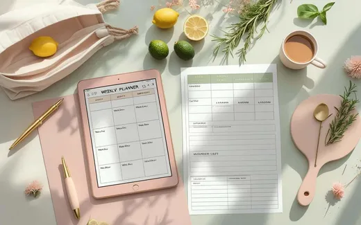 Meal Planner shown as a flat-lay mockup on a tablet and printed page