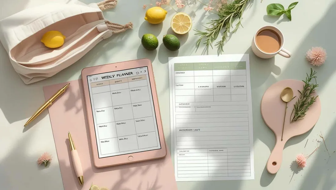 Meal Planner shown as a flat-lay mockup on a tablet and printed page
