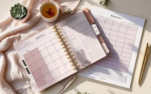 Monthly Planner shown as a flat-lay mockup on a tablet and printed page