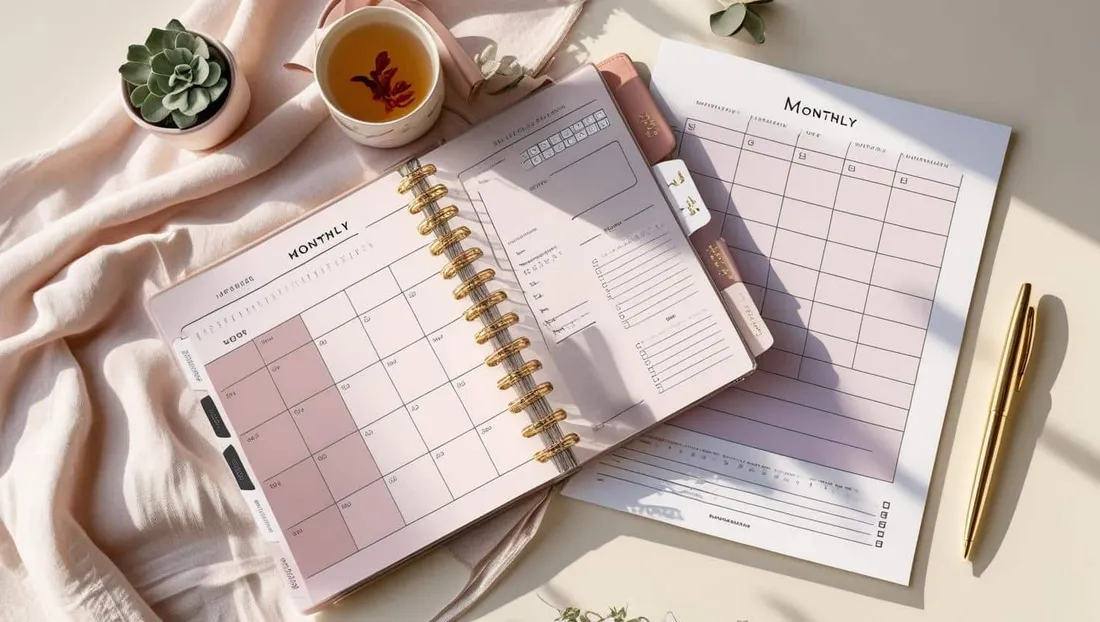 Monthly Planner shown as a flat-lay mockup on a tablet and printed page