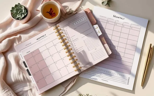 Monthly Planner shown as a flat-lay mockup on a tablet and printed page