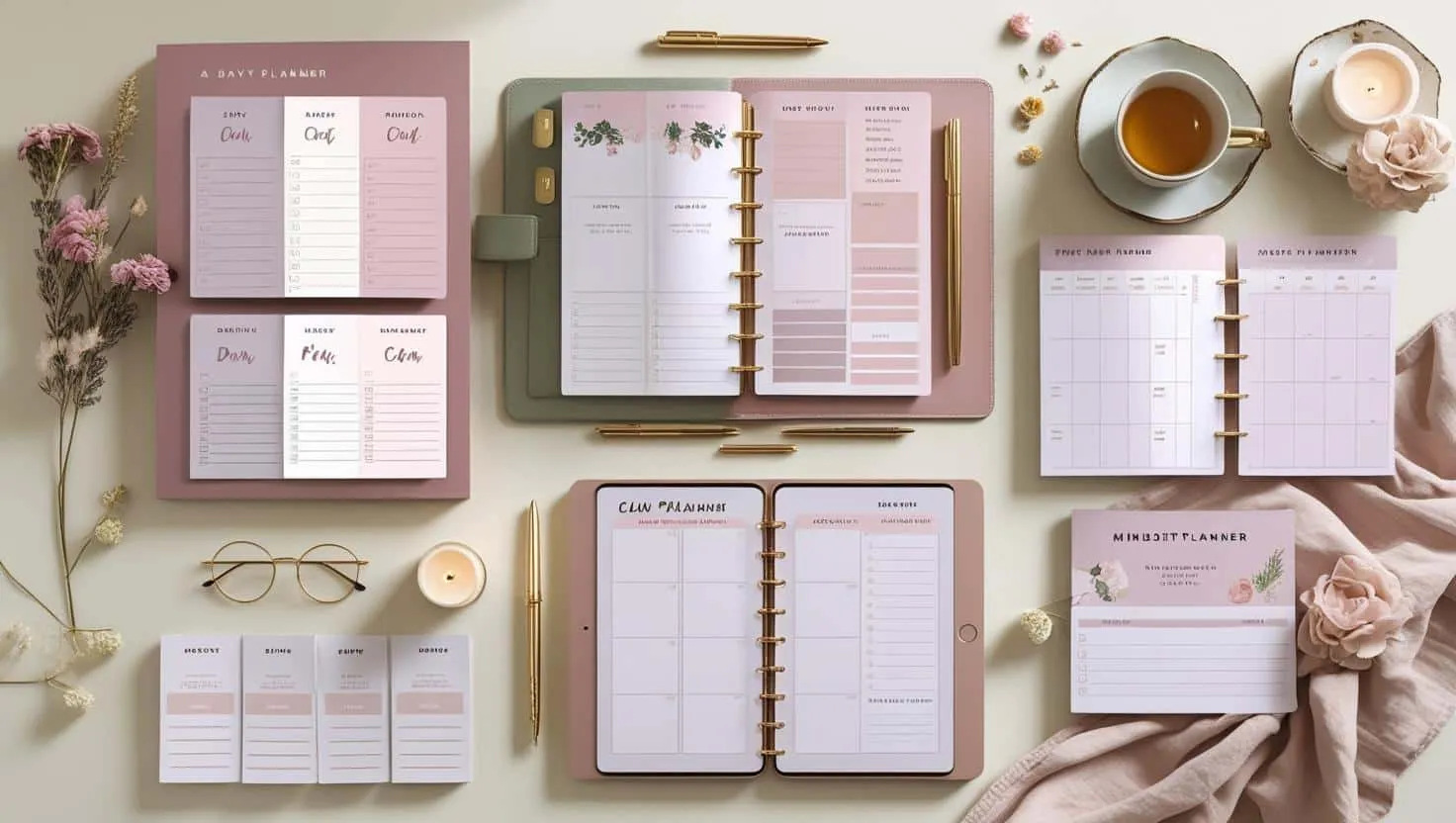 A flat-lay of AC Doughworks planner pages printed and on a tablet