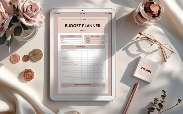 Single-Page Budget Planner shown as a flat-lay mockup on a tablet and printed page