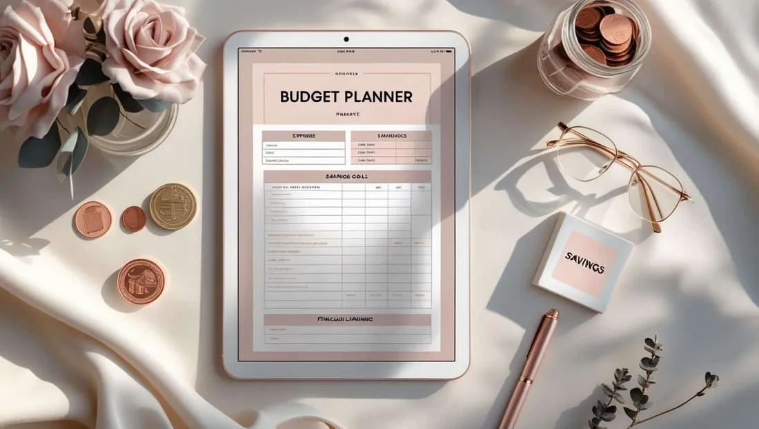 Single-Page Budget Planner shown as a flat-lay mockup on a tablet and printed page