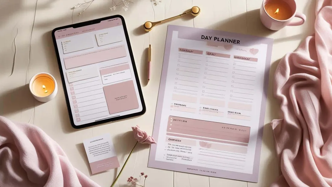Single-Page Day Planner shown as a flat-lay mockup on a tablet and printed page