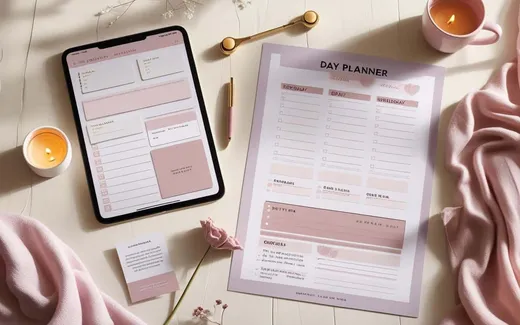 Single-Page Day Planner shown as a flat-lay mockup on a tablet and printed page