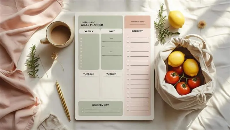 Single-Page Meal Planner shown as a flat-lay mockup on a tablet and printed page