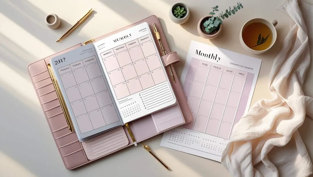 Single-Page Monthly Planner shown as a flat-lay mockup on a tablet and printed page