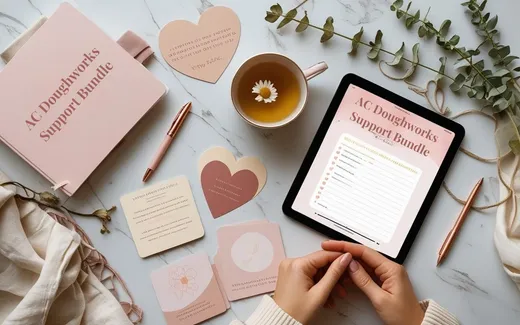 The Support Bundle shown as a flat-lay mockup on a tablet and printed page