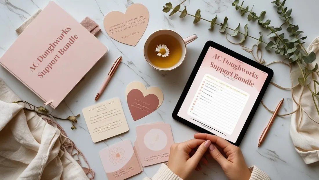 The Support Bundle shown as a flat-lay mockup on a tablet and printed page