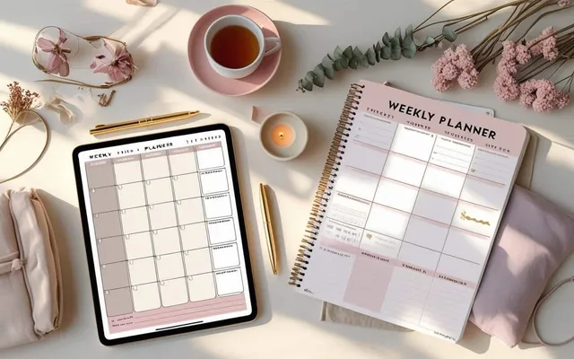 Single-Page Weekly Planner shown as a flat-lay mockup on a tablet and printed page