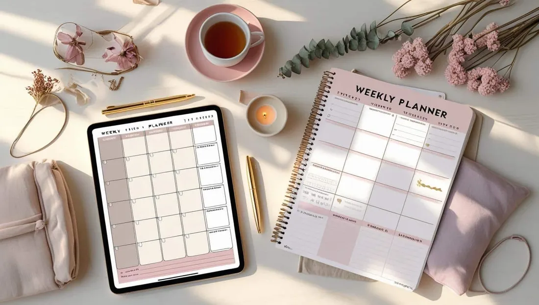 Single-Page Weekly Planner shown as a flat-lay mockup on a tablet and printed page