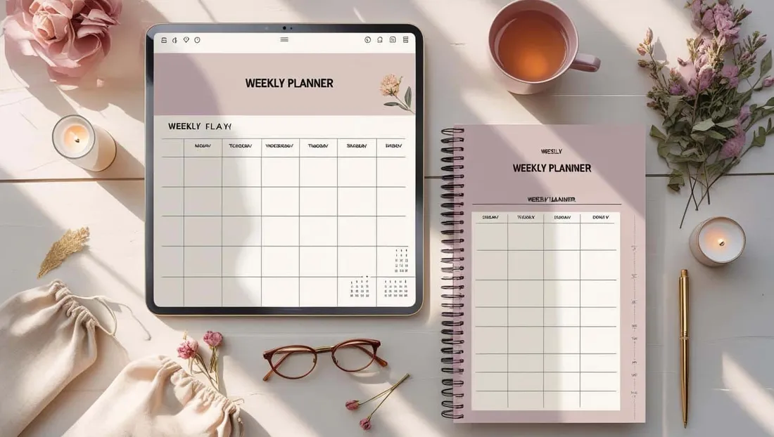Weekly Planner shown as a flat-lay mockup on a tablet and printed page