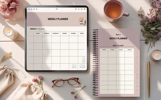Weekly Planner shown as a flat-lay mockup on a tablet and printed page
